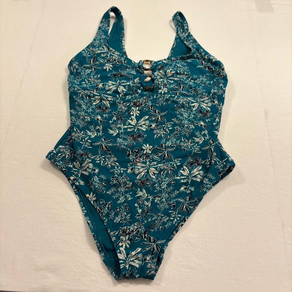 Teal Floral One Piece Swimsuit Tortoise Ring Detail Womens Medium